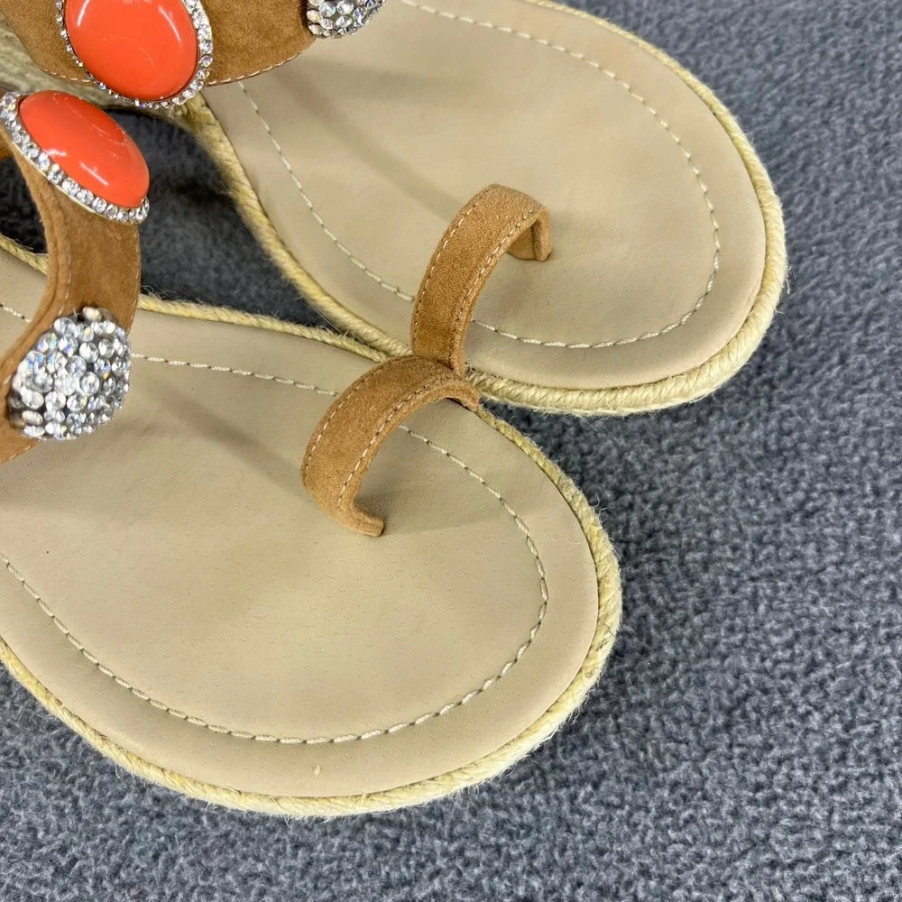 Skemo Wedge Sandals Womens 10‎ Tan Coral Embellished Espadrille Boho Rhinestone